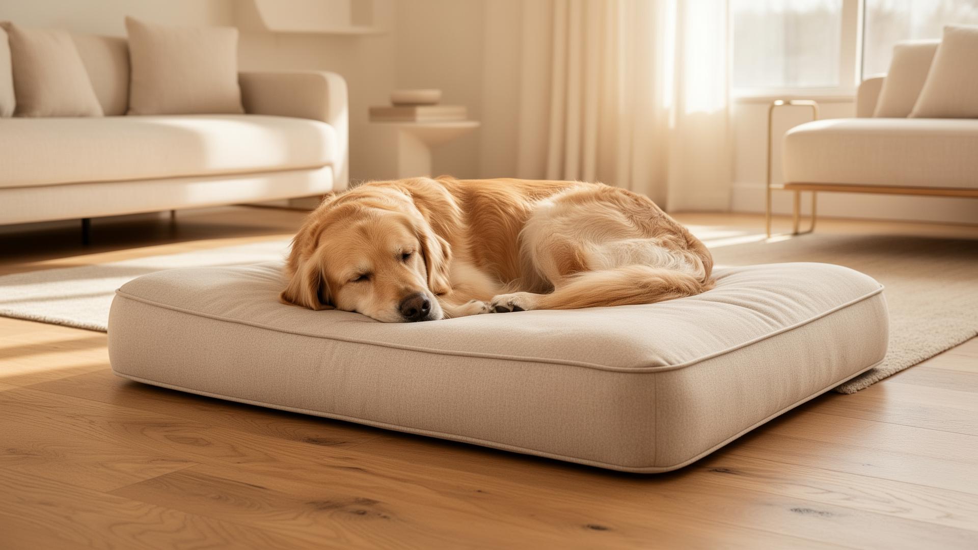Dog relaxing on a Houndly memory foam dog bed in a sunlit living room